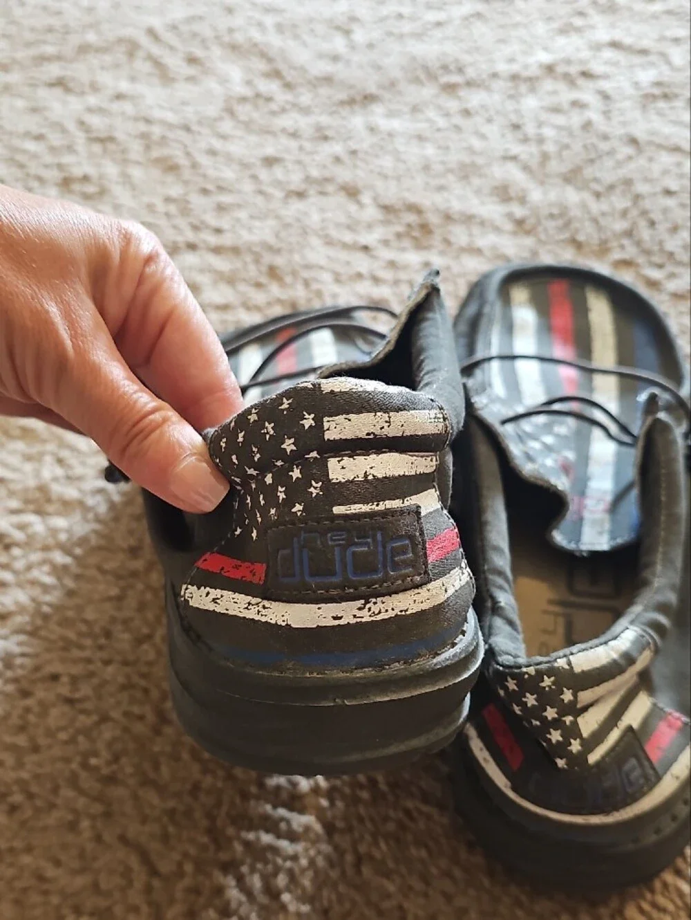 Hey Dude Men's Black Slip-On Loafers with Red & Blue Flag Stripes